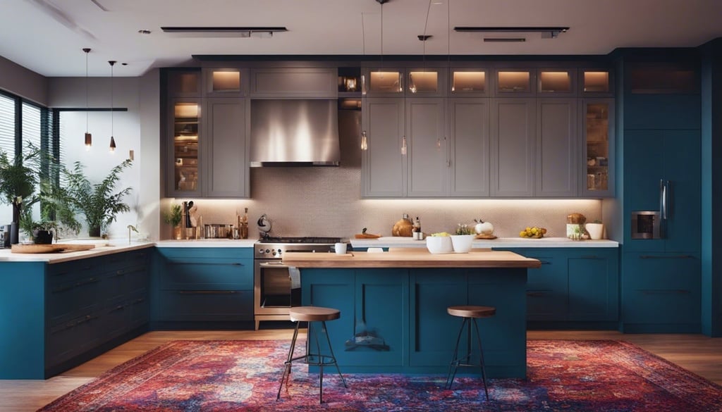 Modern kitchen with colorful carpet