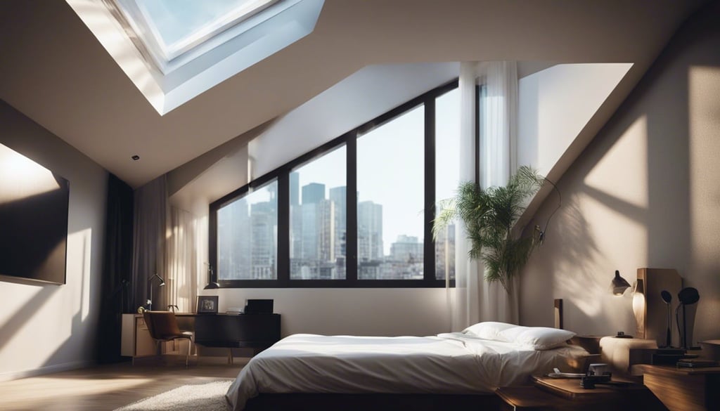 male bedroom with light streaming through from a skylight