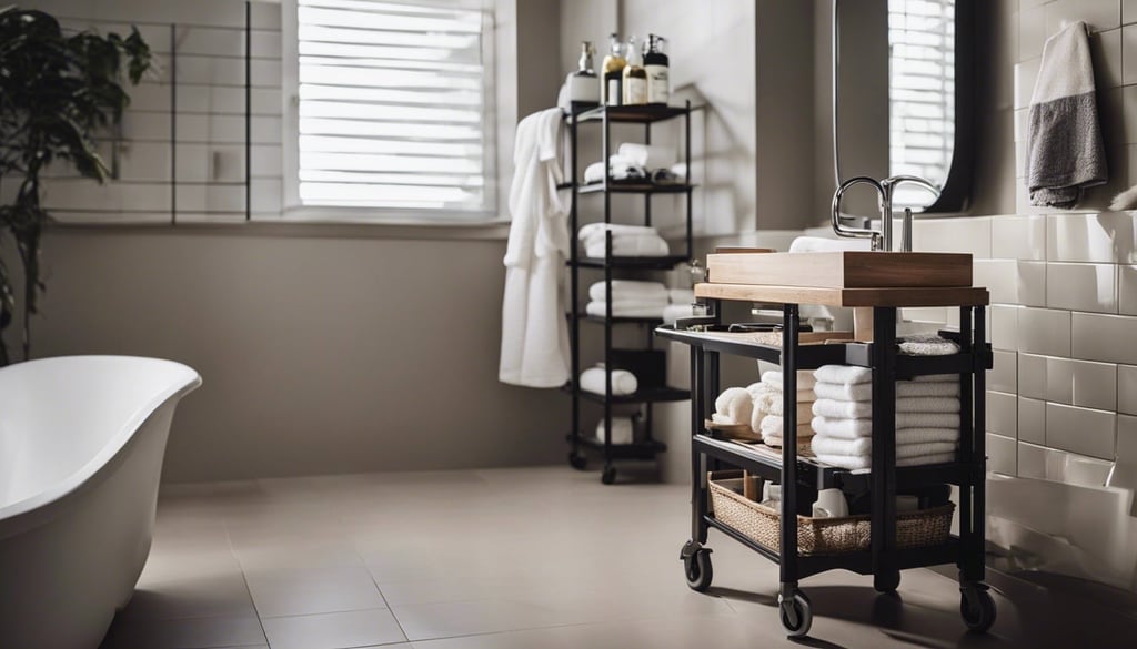 Small bathroom with rolling cart organizer