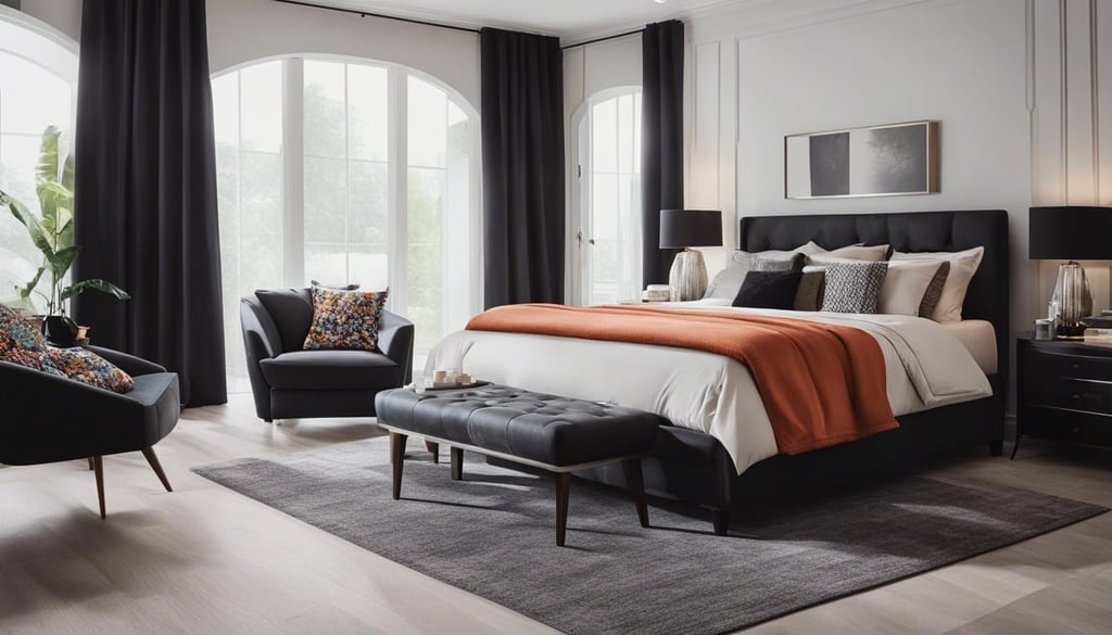 bedroom with black furniture with colorful throw rugs