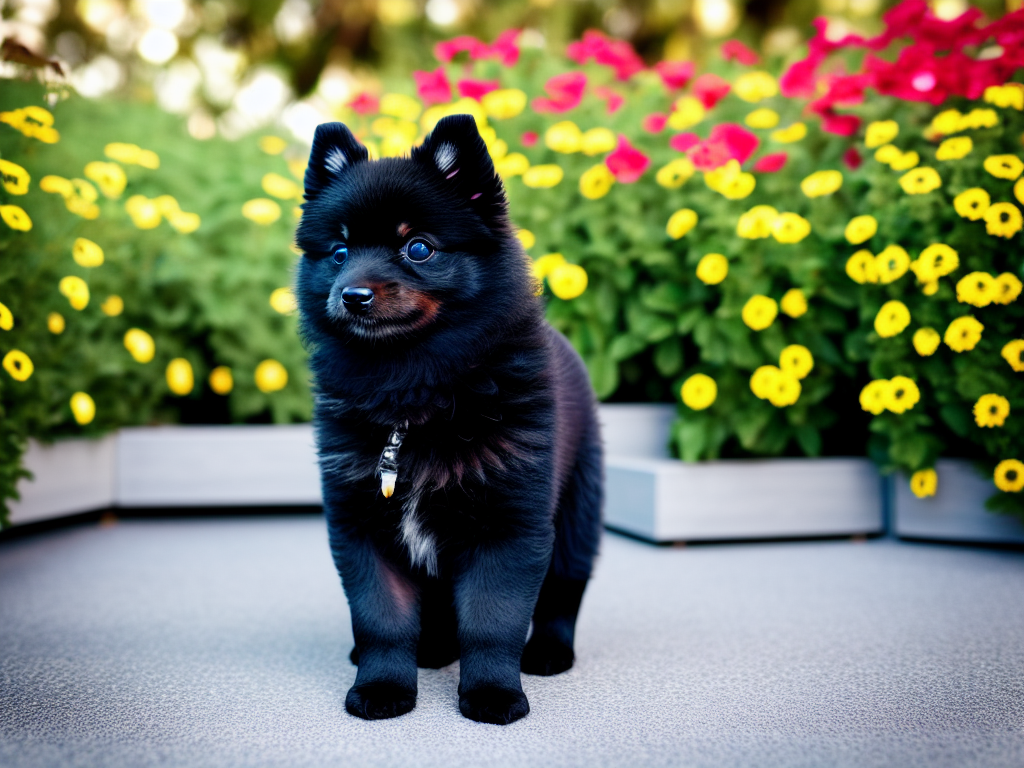 Black Pomeranian puppy in the backyard drinking water