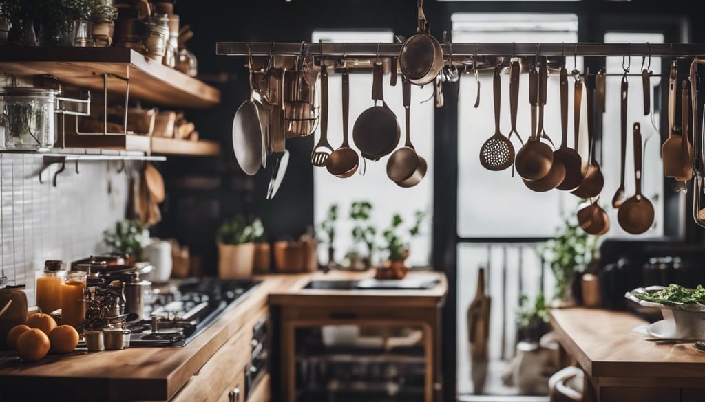tiny kitchen with hanging racks