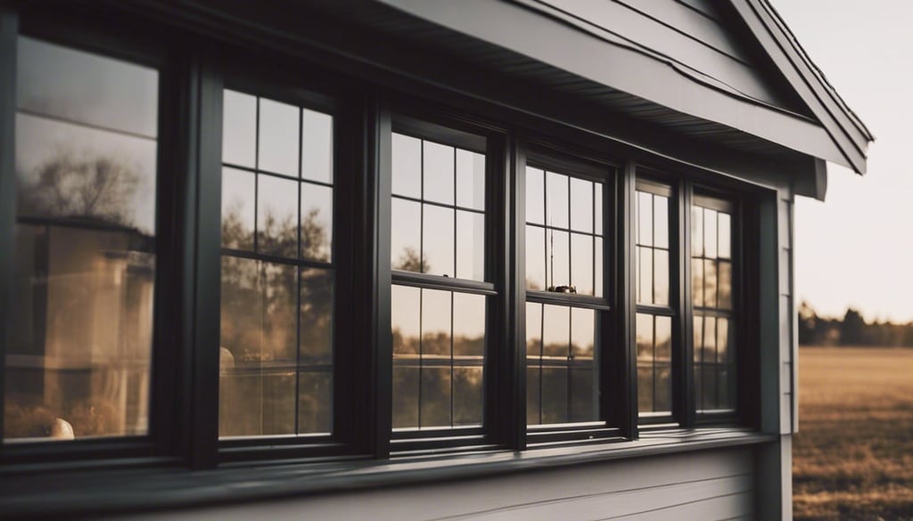 A close up of a black vinyl window with a modern farmhouse home in the background