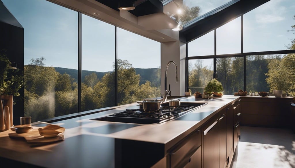 A kitchen with a skylight and a view of the outdoors