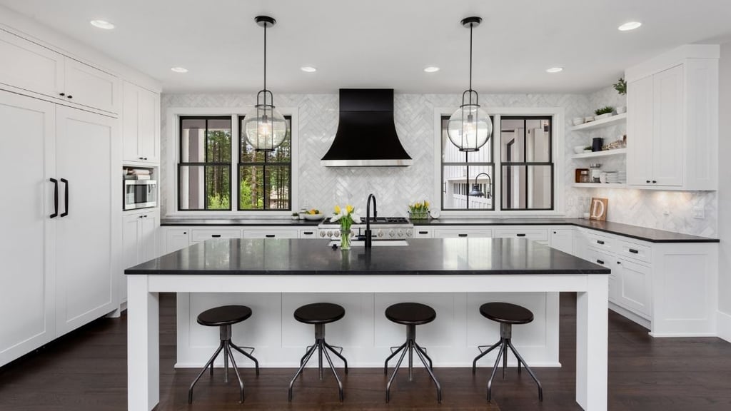 White Kitchen Large Black Kitchen Island