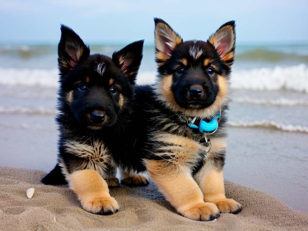 long hair german shepherd puppy at the beach