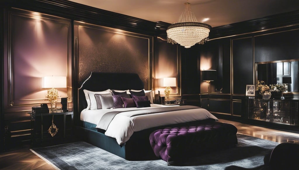 A black bedroom with a glamorous Hollywood Regency feel featuring rich fabrics jewel tones and drama