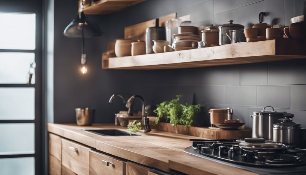 Small kitchen with floating shelve made from reclaimed wood