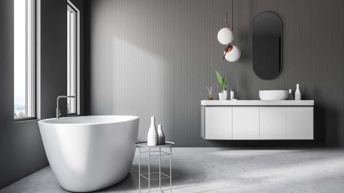 Gray bathroom with textured wallpaper