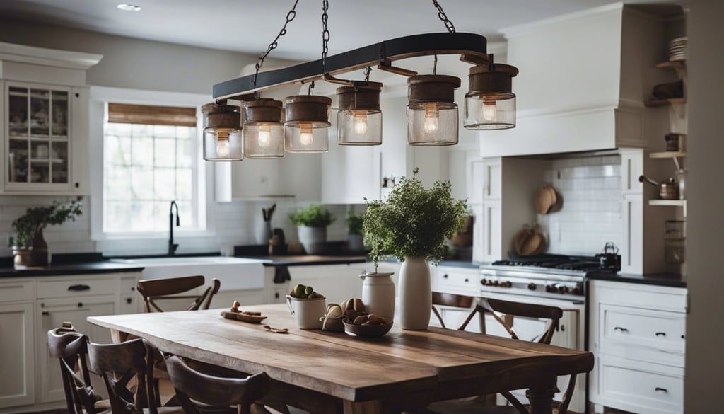 A modern farmhouse kitchen with a farmhouse table rustic chairs and a hanging pot rack