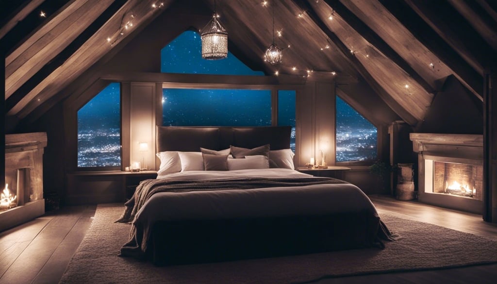 A romantic attic bedroom with a four poster bed a fireplace and a view of the stars