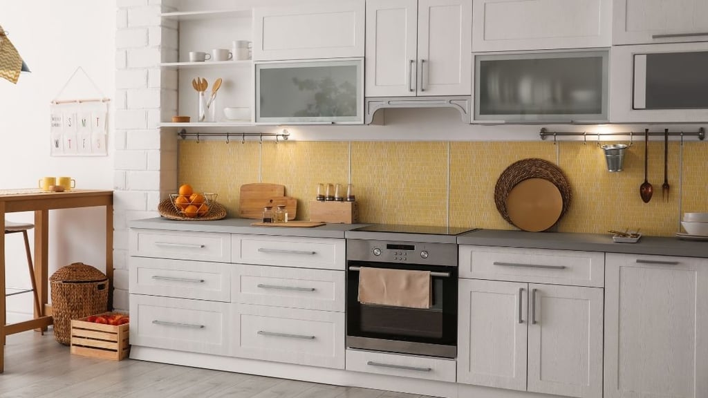 Yellow Tile Kitchen Backsplash White Cabinets