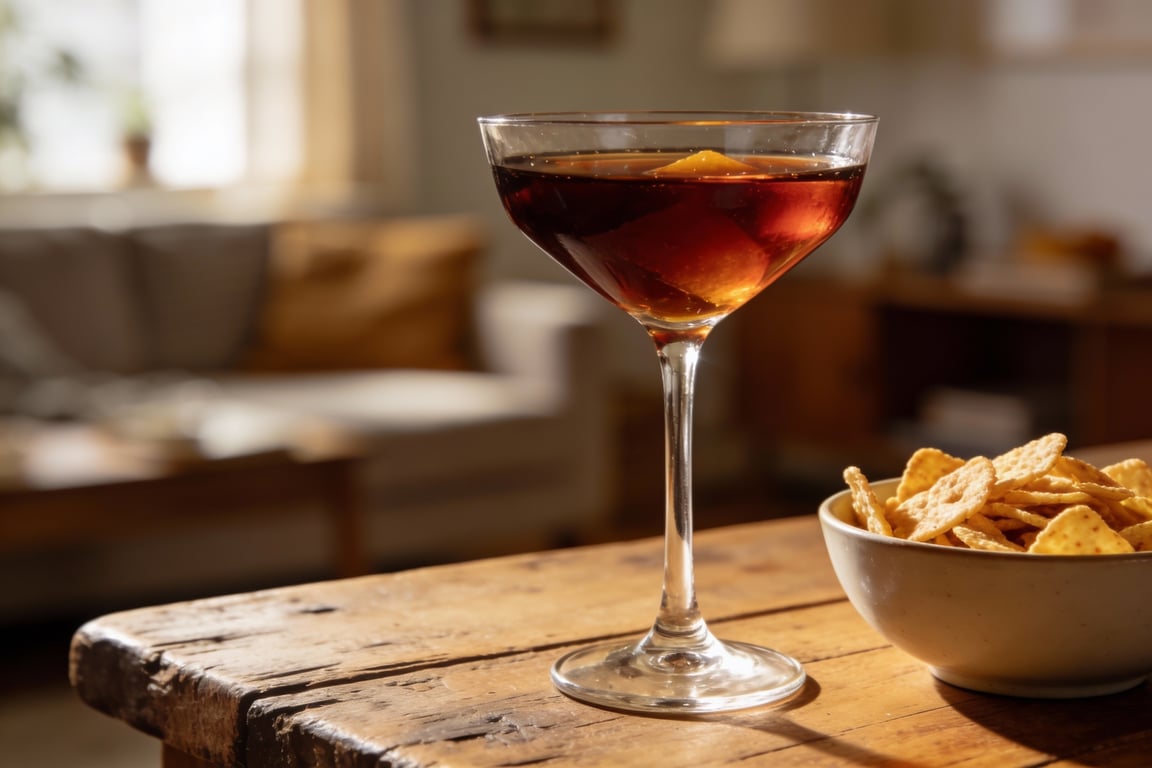 The finished budget manhattan recipe served in a chilled juice glass