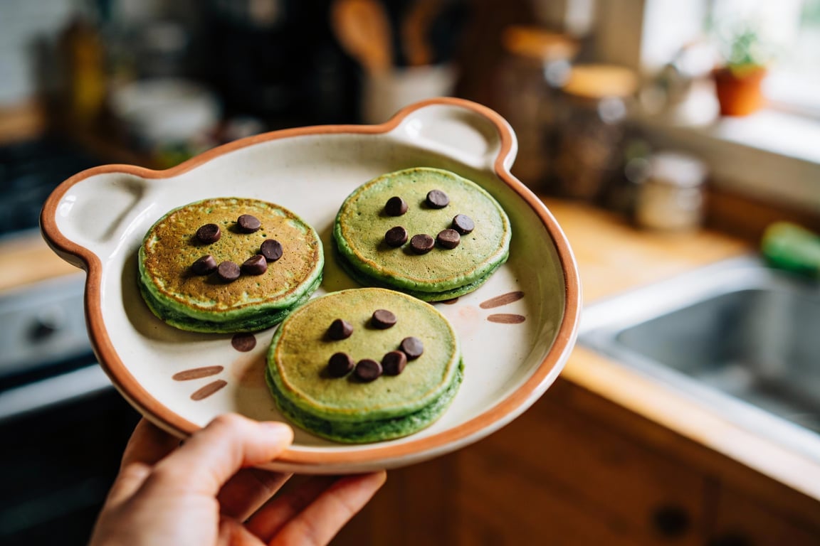 Hidden veggie pancakes with a green tint cooking on a griddle