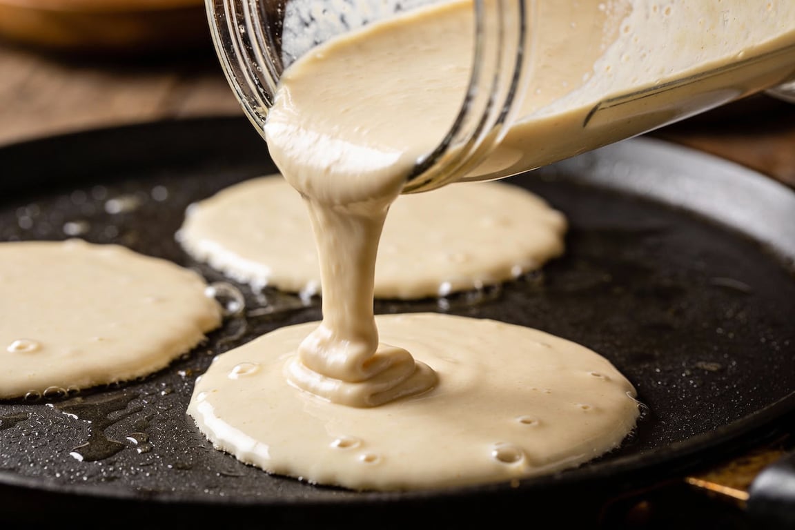 Pouring batter for blender pancake recipe