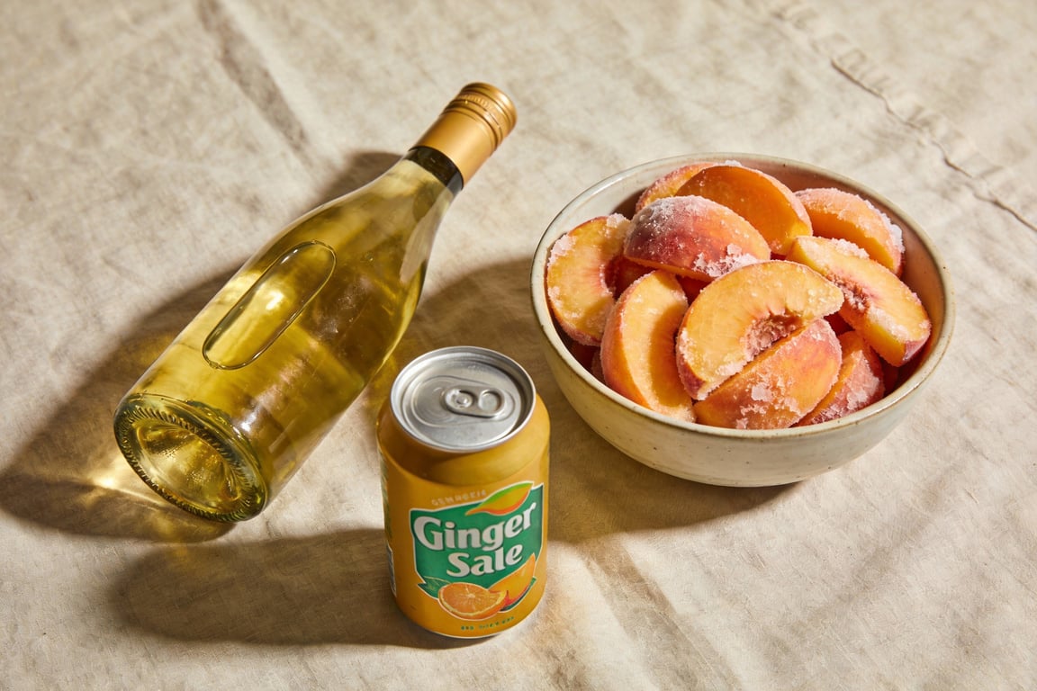 Ingredients for an emergency sangria recipe: frozen fruit and wine