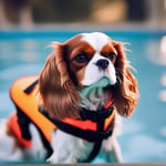 A Cavalier King Charles Spaniel wearing a bright dog life vest and paddling in a swimming pool.