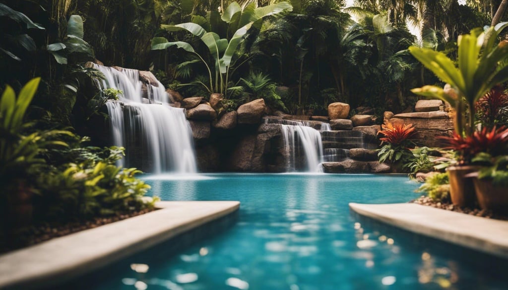 tropical backyard pool with waterfall feature