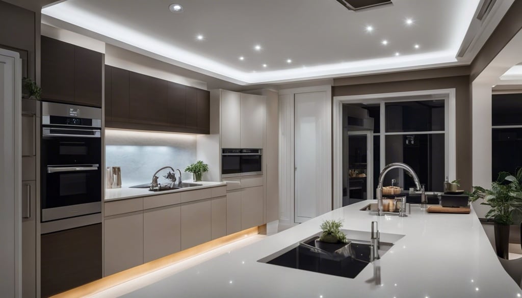 A modern kitchen featuring a tray ceiling enhanced by recessed lighting adding a touch of elegance 