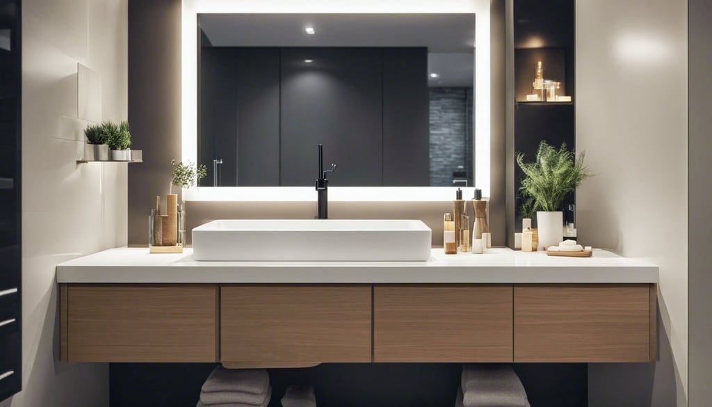 A photo of a small bathroom with a countertop cabinet that helps to maximize storage space