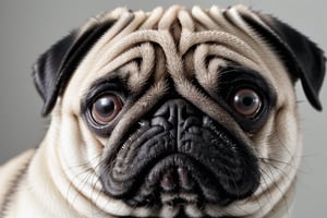 A close up of a pug’s flat face