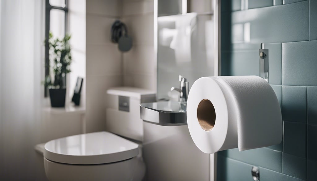 Small bathroom with over the toilet toilet roll holder.