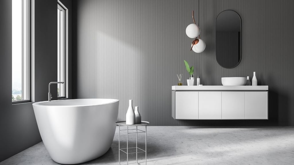Gray bathroom with textured wallpaper