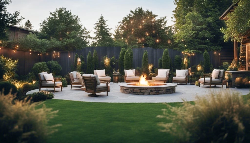Beautifully landscaped backyard with firepit