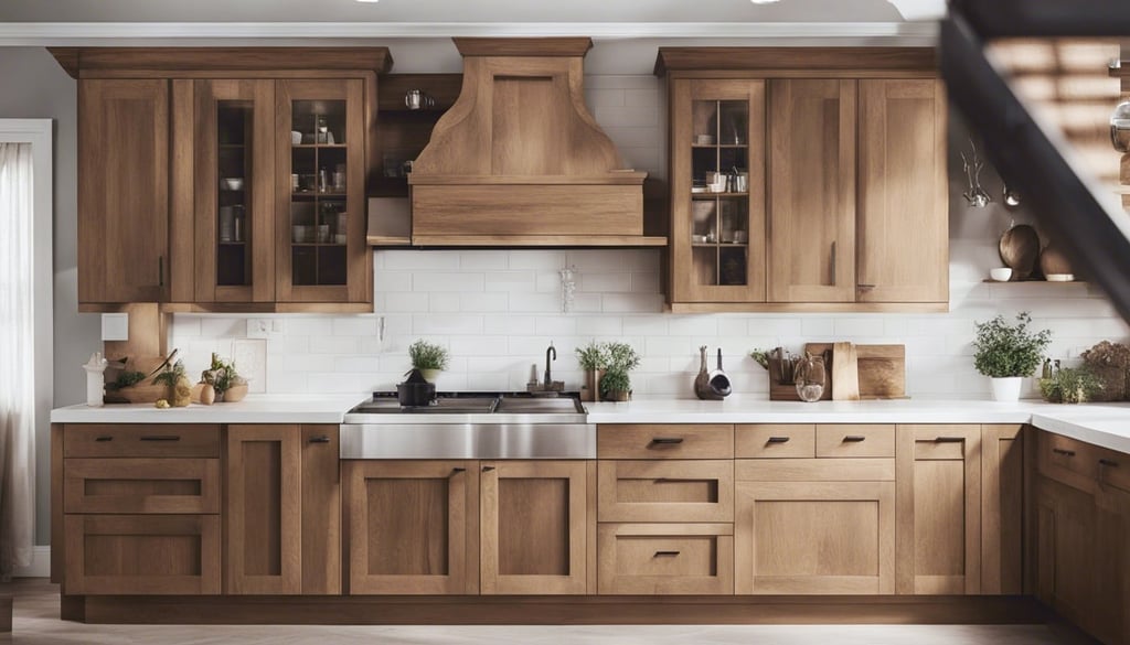 farmhouse kitchen with oak cabinets and bronze hardware