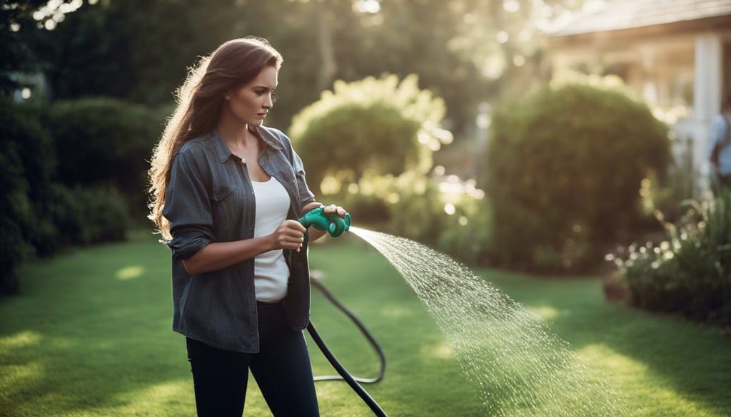 A woman watering her lawn with a hose