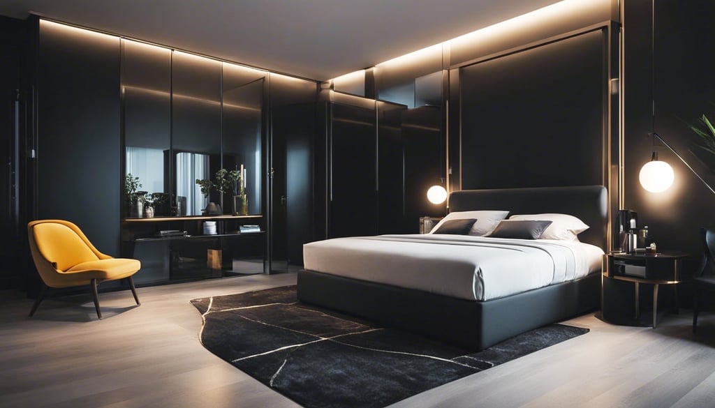 A black bedroom with a modern minimalist aesthetic featuring sleek furniture and pops of color