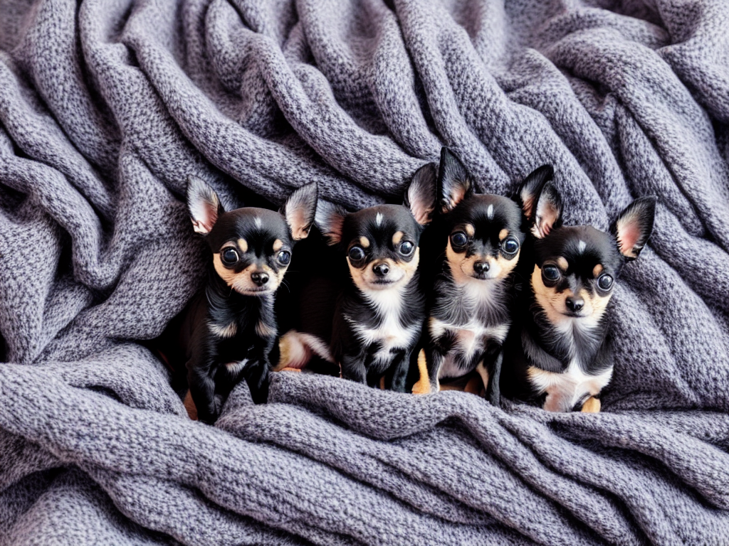 A Black Chihuahua cozily snuggled in a pile of soft blankets illustrating the breeds love for comfort and warmth