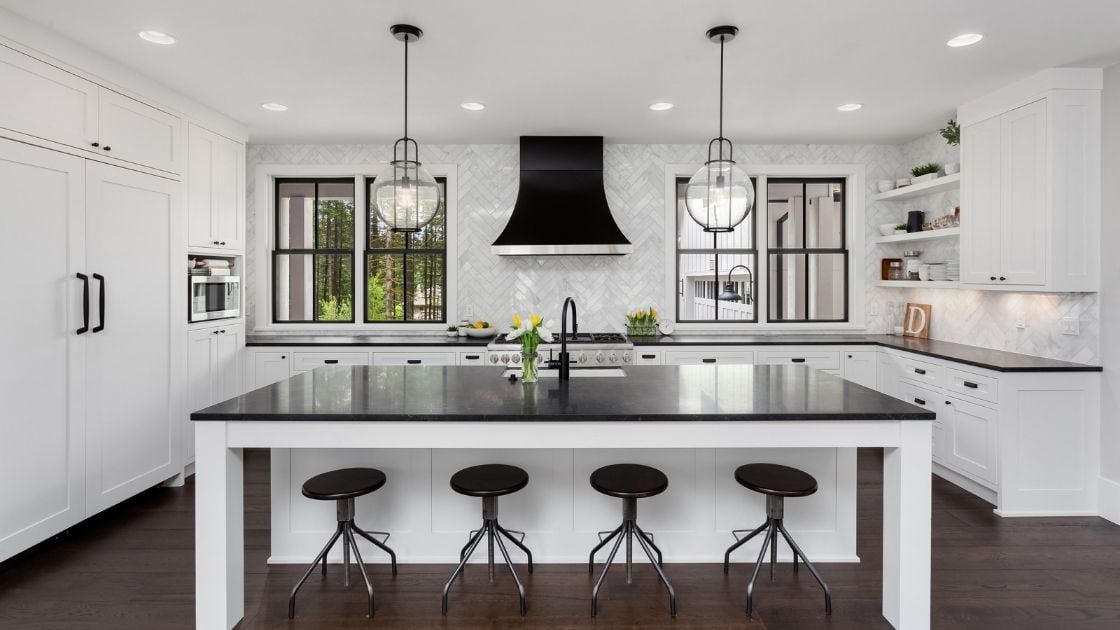 White Kitchen Large Black Kitchen Island