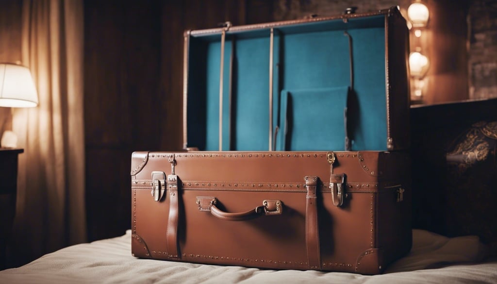vintage luggage trunk in a mans bedroom