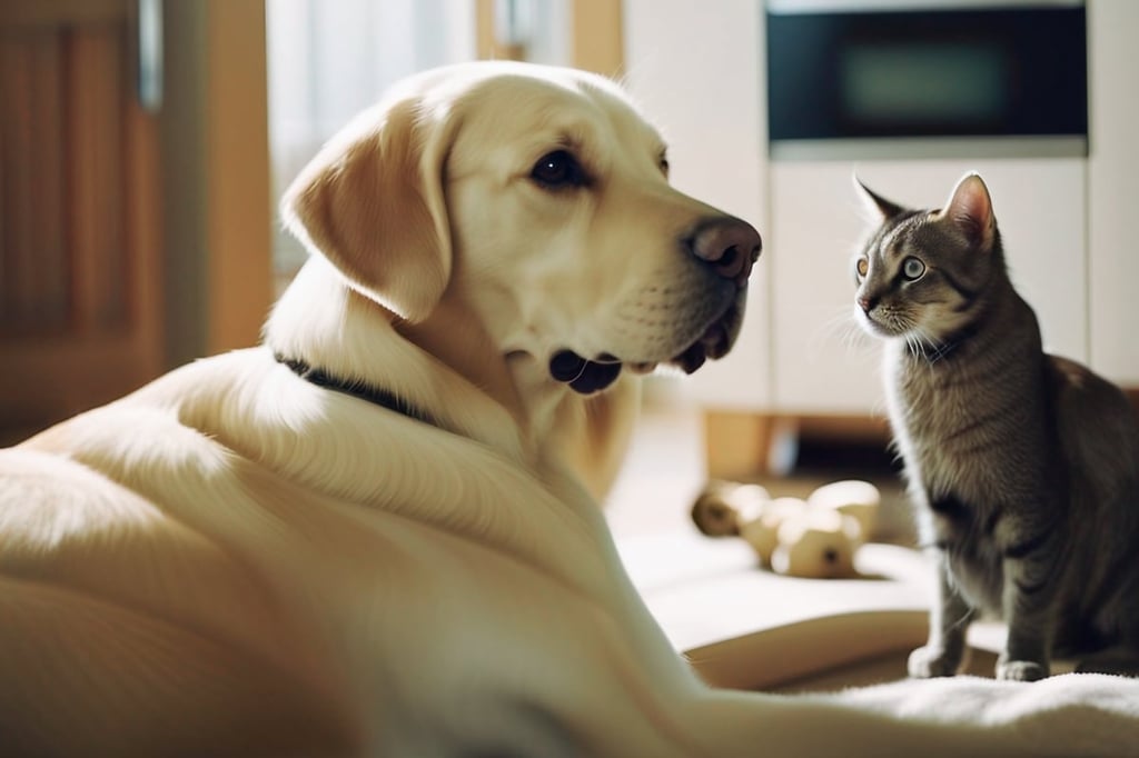 A Labrador Retriever in a house with multiple pets