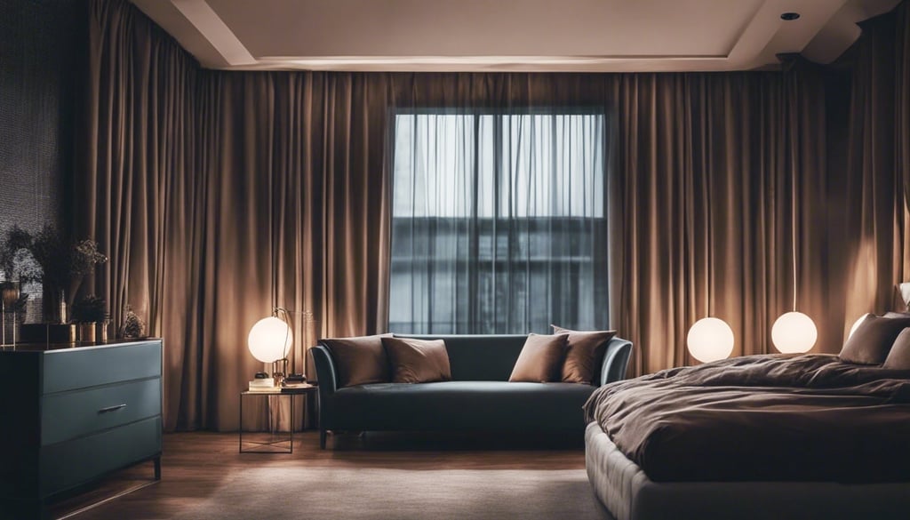 Masculine bedroom with heavy curtains