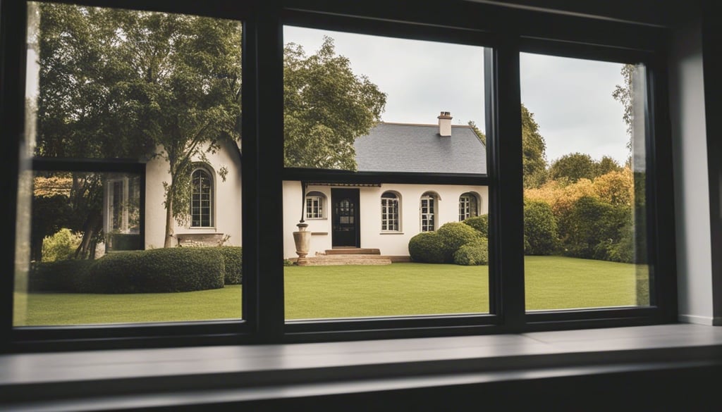 A black vinyl window with a traditional home in the background