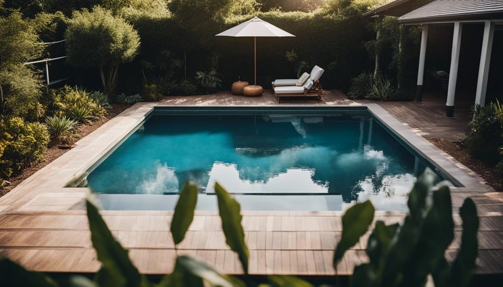 Above groound backyard pool with landscaped surrounds