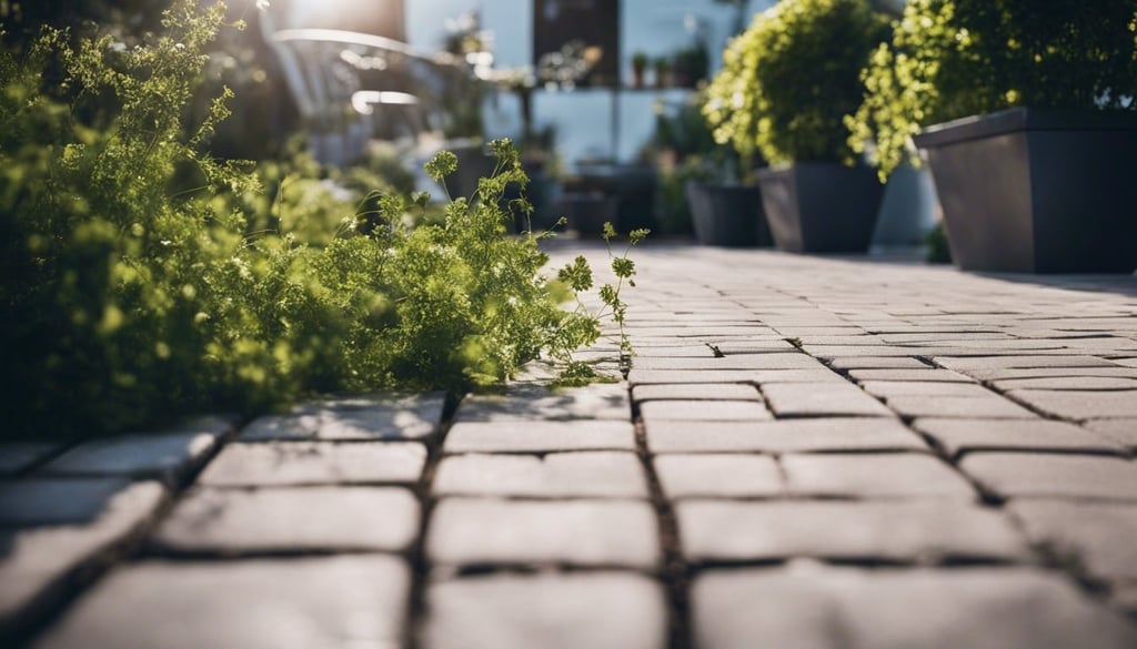 Paved patio with weeds growing between pavers