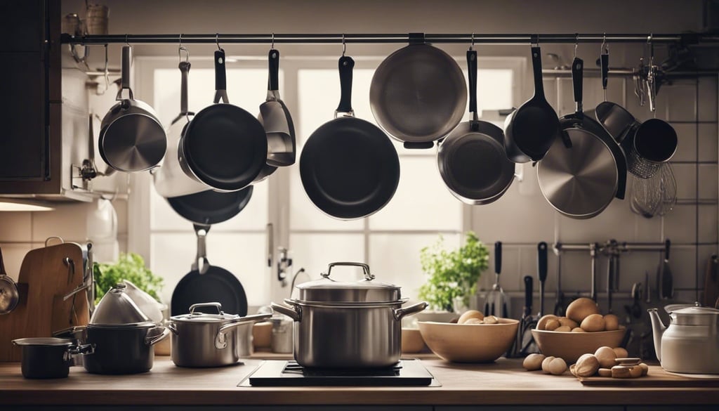 Small kitchen where cookware is hanging