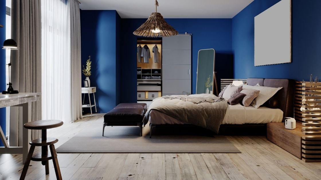 The wood theme is topped off with the large lampshade.