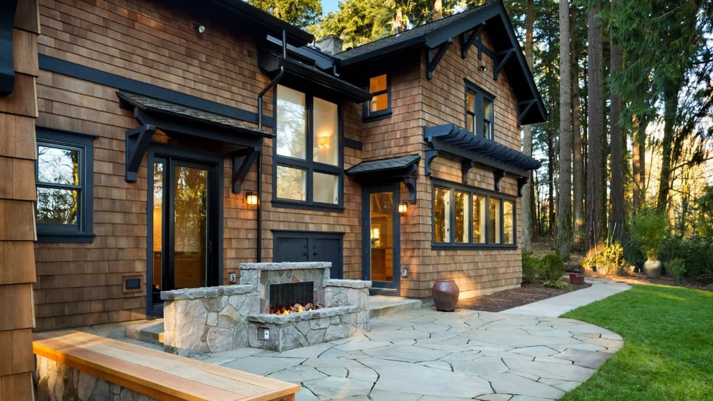 Patio with fireplace and bench