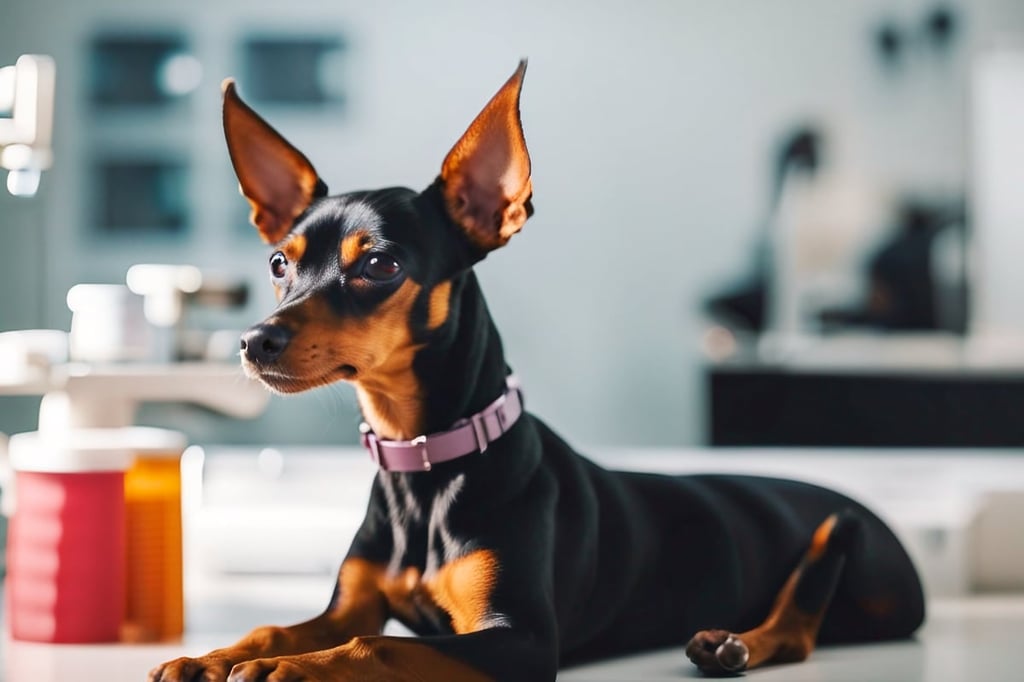 miniature pinscher at the vet for a checkup