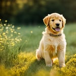 An adorable golden retriever puppy in a meadow
