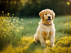 An adorable golden retriever puppy in a meadow