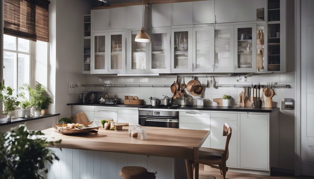 Small kitchen with tension rod for storage