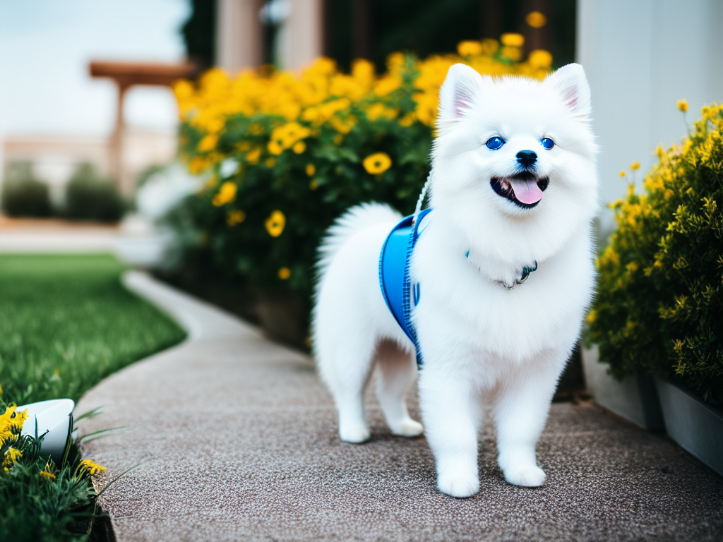 White Pomeranian dog looking at its water bowl