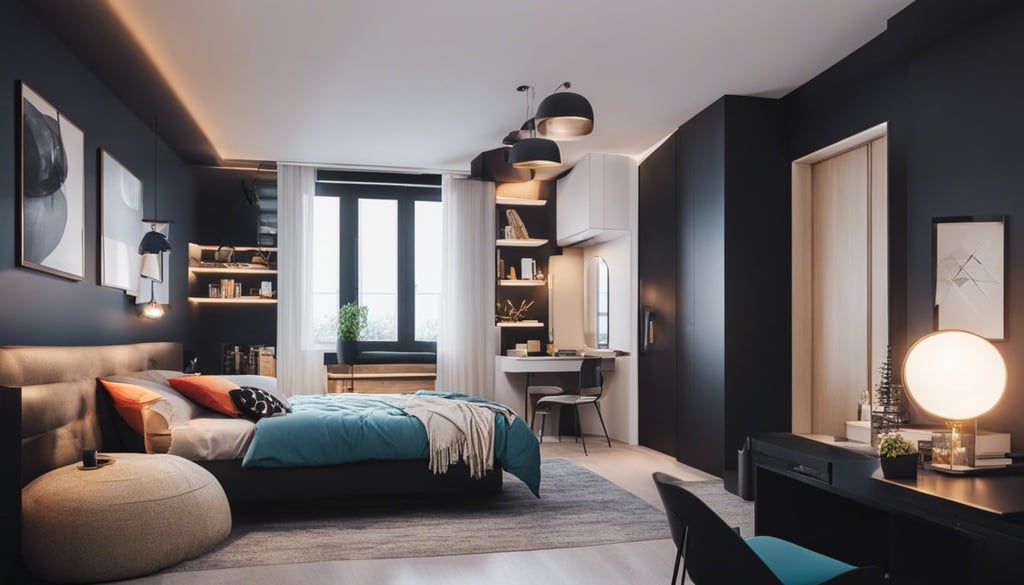 Small bedroom with black furniture and colorful accents