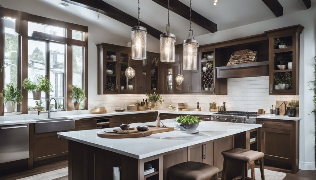 Small kitchen with pendant lights over kitchen island