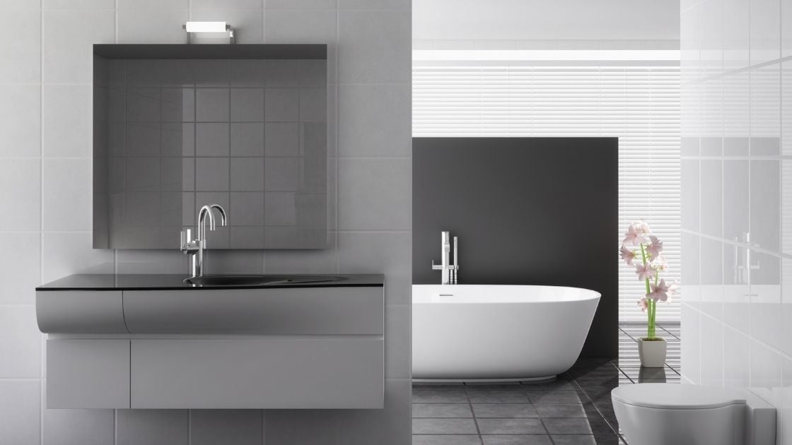 gray bathroom with tons of natural light